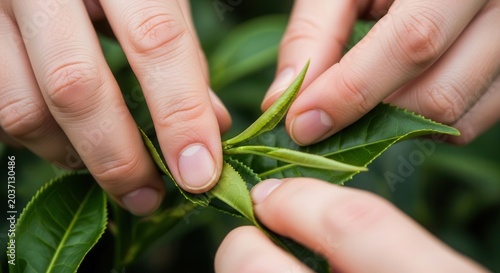 Close-up of hands carefully picking fresh green tea leaves from a plant.