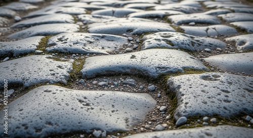 Close-up of a weathered cobblestone pathway with detailed texture and natural elements.