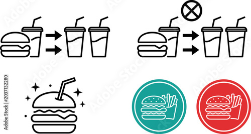 Bild auf Leinwand Fast Food Combo Icon Set with Burger French Fries and Drinks for Restaurant Menu