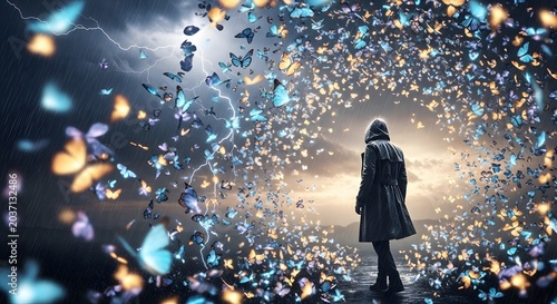 A solitary figure stands amidst a swirling vortex of glowing butterflies during a dramatic storm