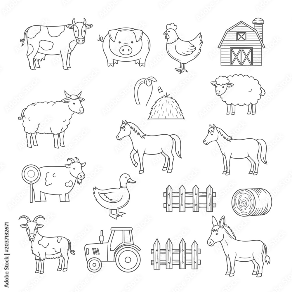 Fototapeta premium Farm animals and tractor illustrations.