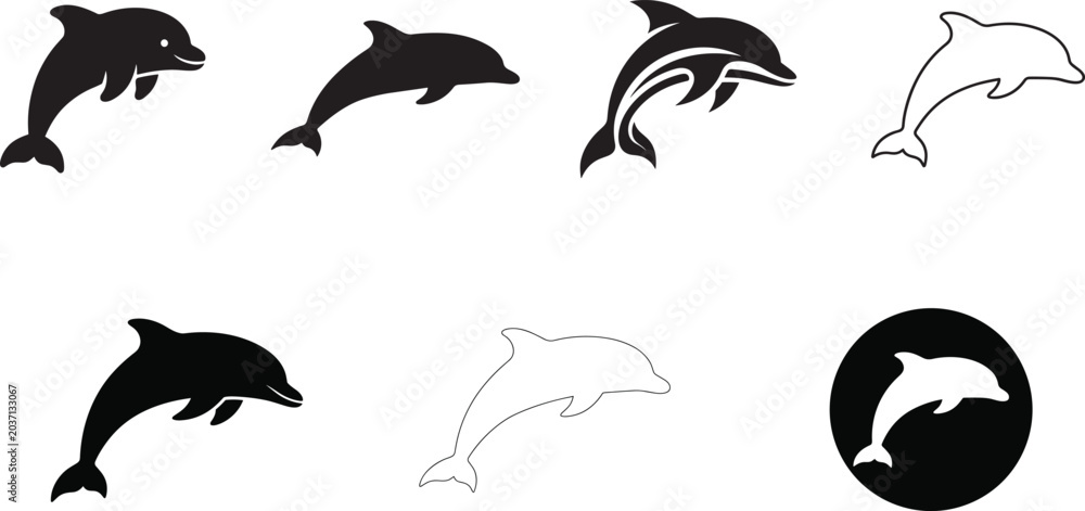 Fototapeta premium Silhouette and Outline Dolphin Icon Collection Representing Marine Life, Ocean Wildlife, and Aquatic Design for Creative Concepts