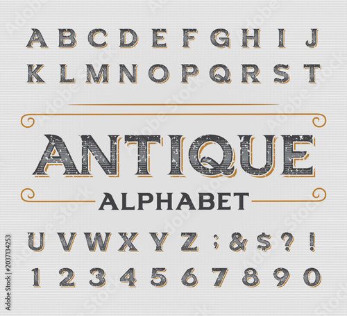 Antique label alphabet font. Faded worn scratched letters and numbers with dirty edges. Vector typescript for old west posters, badge lettering, saloon signs, and headline design.