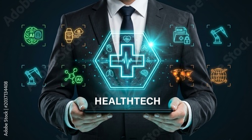 Businessman presenting a futuristic healthtech concept on a tablet device with various medical and technology icons around him