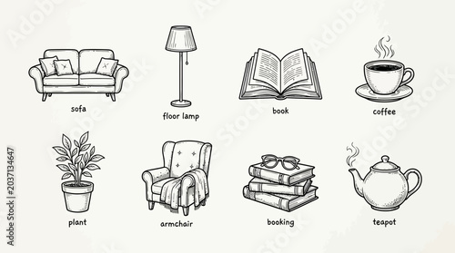 Cozy Home Comforts: Sofa, Armchair, Lamp, Books, Coffee, Plant, Teapot Icons