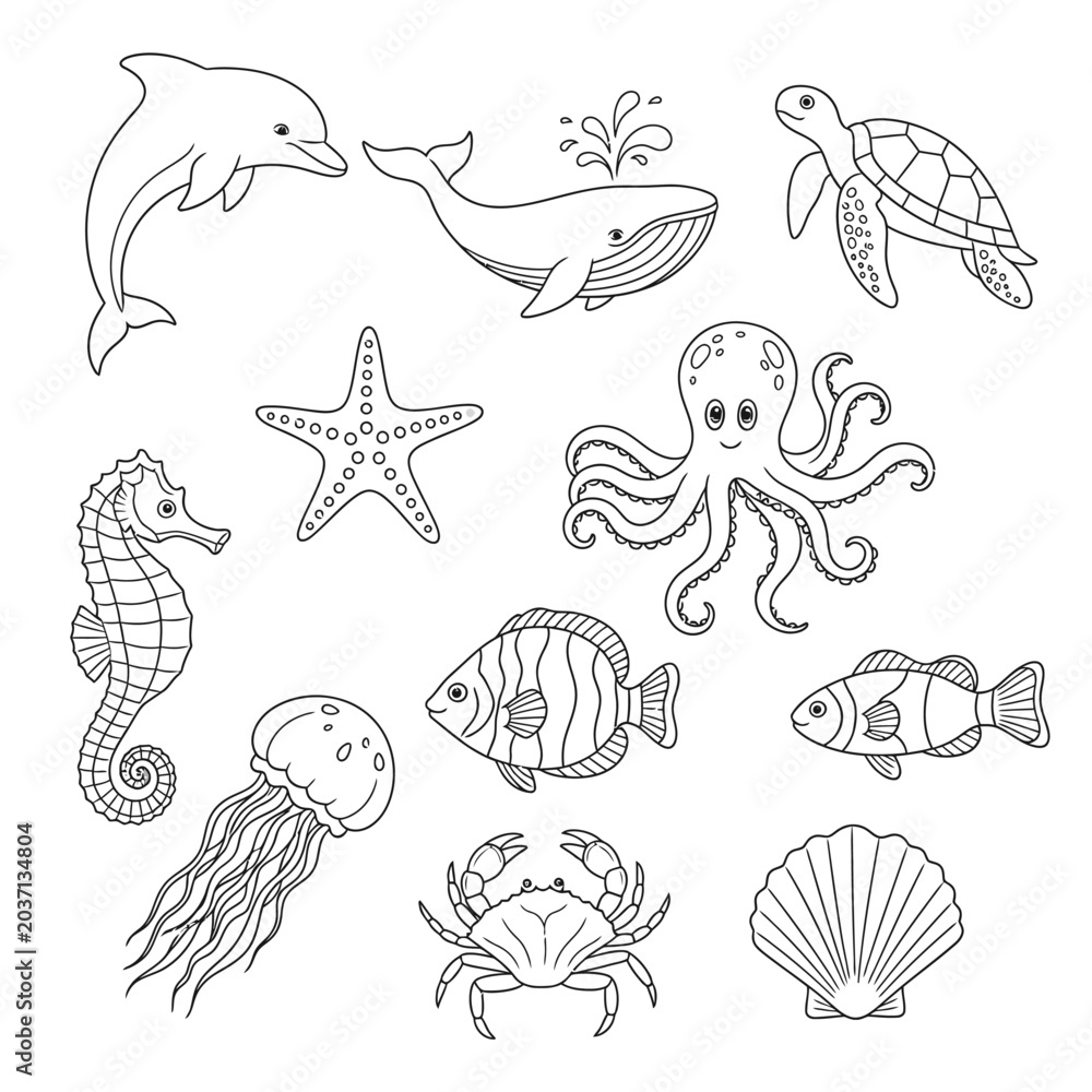 Fototapeta premium Sea creatures illustrations in black and white.