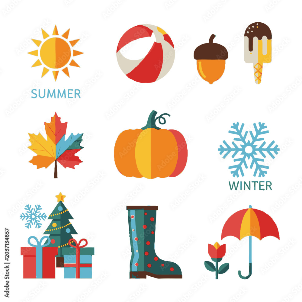 Fototapeta premium Seasonal icons for summer and winter.