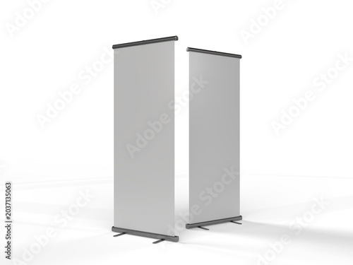 Blank roll up banner mockup standing vertical display isotate on a background. Professional exhibition advertising template for branding, trade shows, promotions, marketing, advertising presentation
