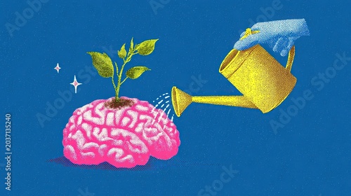 Vibrant illustration on blue background, pink brain with green sprout, halftone hand holding yellow watering can with water drop, starburst accents for creativity and growth themed design