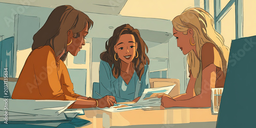 Stylized illustration of businesswomen in a team discussion on leadership skills