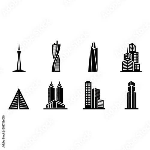 Modern Skyscraper Icons, City Buildings Collection, Architectural Vector Graphics, Urban Development Symbols