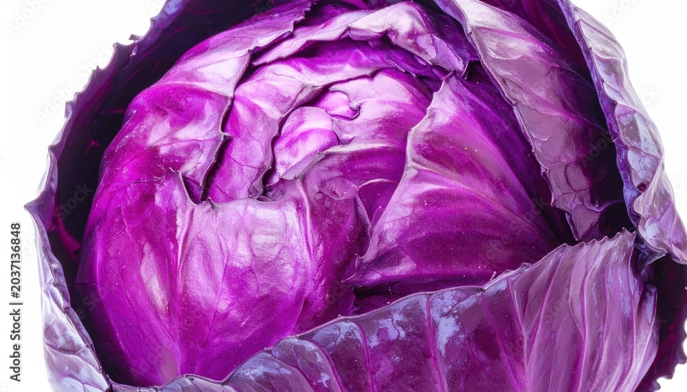 Obraz premium High-resolution image of a purple cabbage showcasing its vivid color and intricate texture, perfect for culinary and health-related projects.