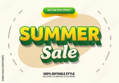Summer sale 3d vector text effect with bold yellow and green typography, editable graphic style for promotional marketing and seasonal retail advertising banners