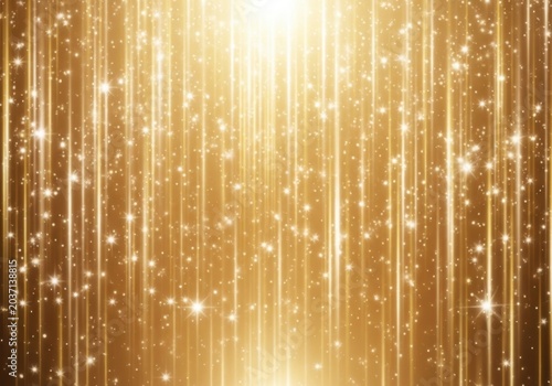 Abstract golden background with vertical light streaks and glowing particles creating a festive and luxurious atmosphere