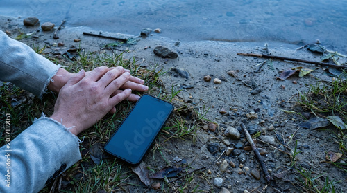 Hands Resting by Waterside with Smartphone, Reflecting on Life