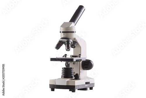 Microscope stands against clean, white background