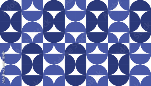 Seamless geometric pattern with blue and white abstract semicircles, modern minimalist repeating background
