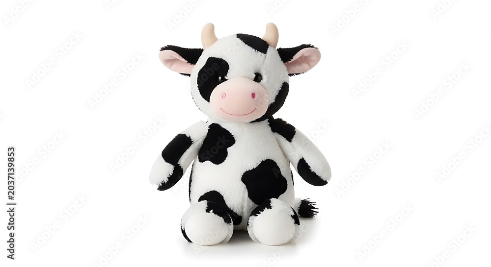 Naklejka premium Cute plush cow toy with black and white spots isolated on white background