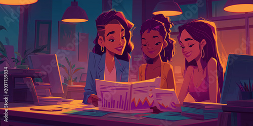 Businesswomen analyzing financial charts on digital screens in stylized office