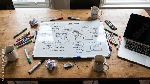 Productive Desk with Business Strategy Whiteboard and Laptop for Creative Planning