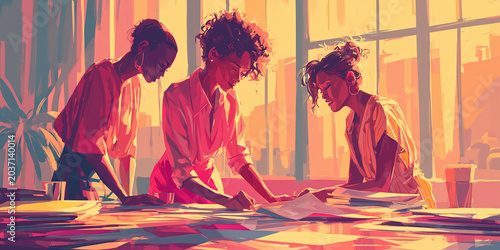 Stylized illustration of businesswomen discussing project in modern office