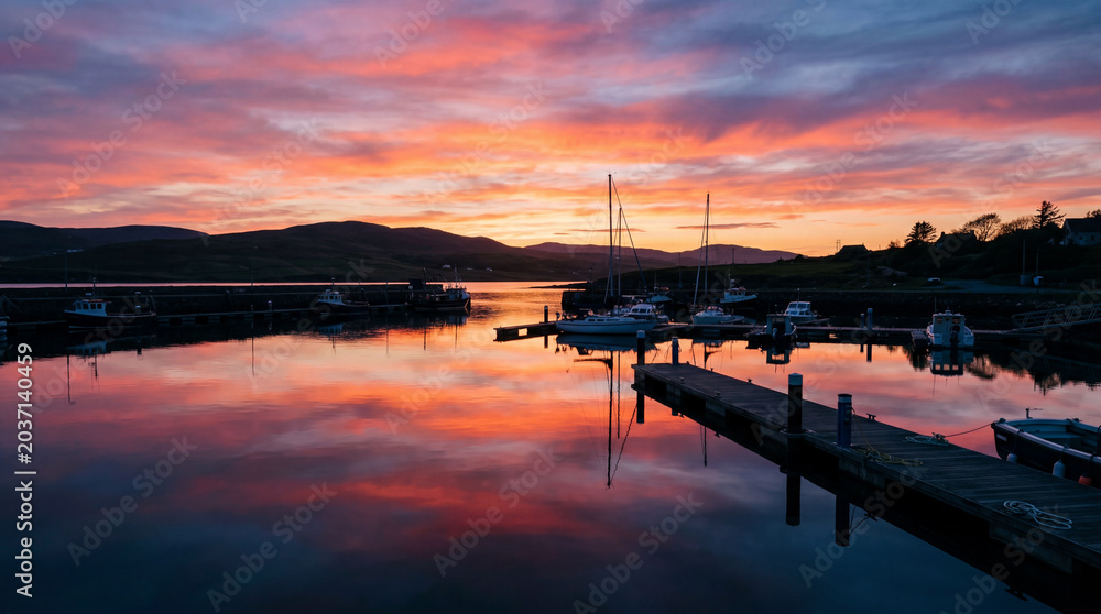 Fototapeta premium Calm Harbor Basin Reflecting Vibrant Orange And Pink Colors Of Dramatic Twilight Sunset Sky Landscape