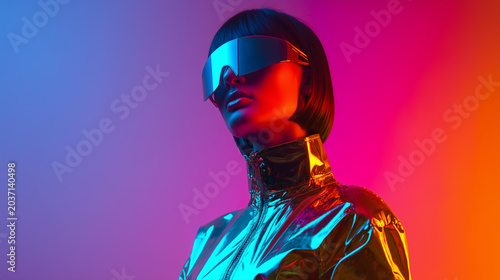 Futuristic woman fashion portrait with neon light and metallic jacket, visor, cyber style, colorful gradient background