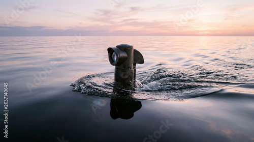 Detailed close view of submarine periscope breaking calm glassy water surface during early morning dawn