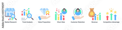 Foto Market Strategy web banner icon vector illustration with Market Research, Trend