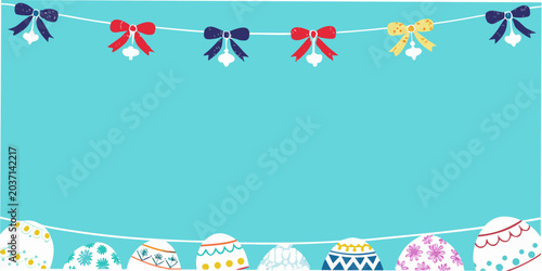 Schilderij op canvas Decorated easter eggs and ribbons colorful vector illustration on teal backgroun