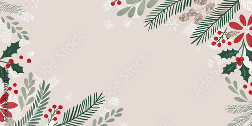 Fotografie Holly berries and evergreen botanical illustration with a beige background