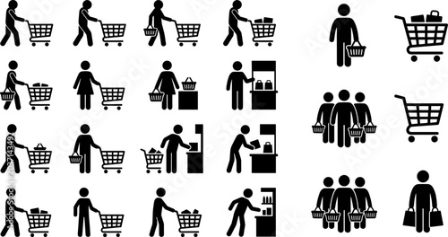 Fotografi Shopping People Icon Set with Customers Pushing Grocery Carts Carrying Baskets a