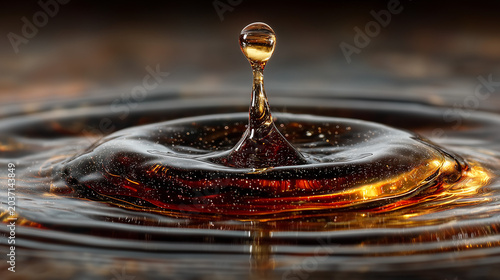 A droplet of a dark beverage creating a ripple, backlit with golden light.