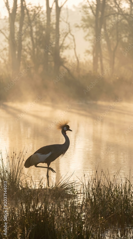 Obraz premium Graceful Crane in Misty Wildlife Landscape