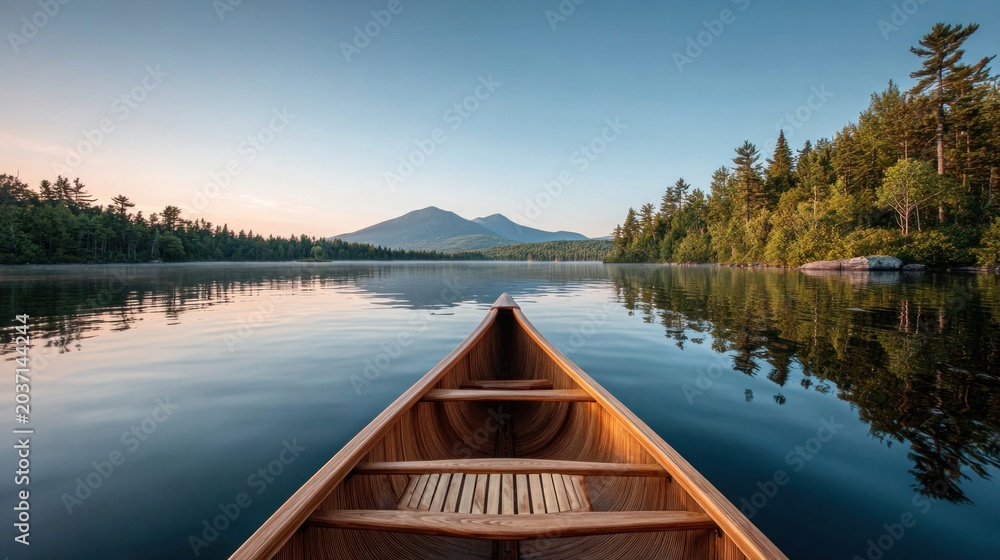 Fototapeta premium canoe on a calm lake with mountains in the distance at sunrise