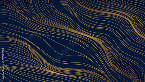 Foto Golden wavy lines on a dark blue background create an abstract vector illustrati