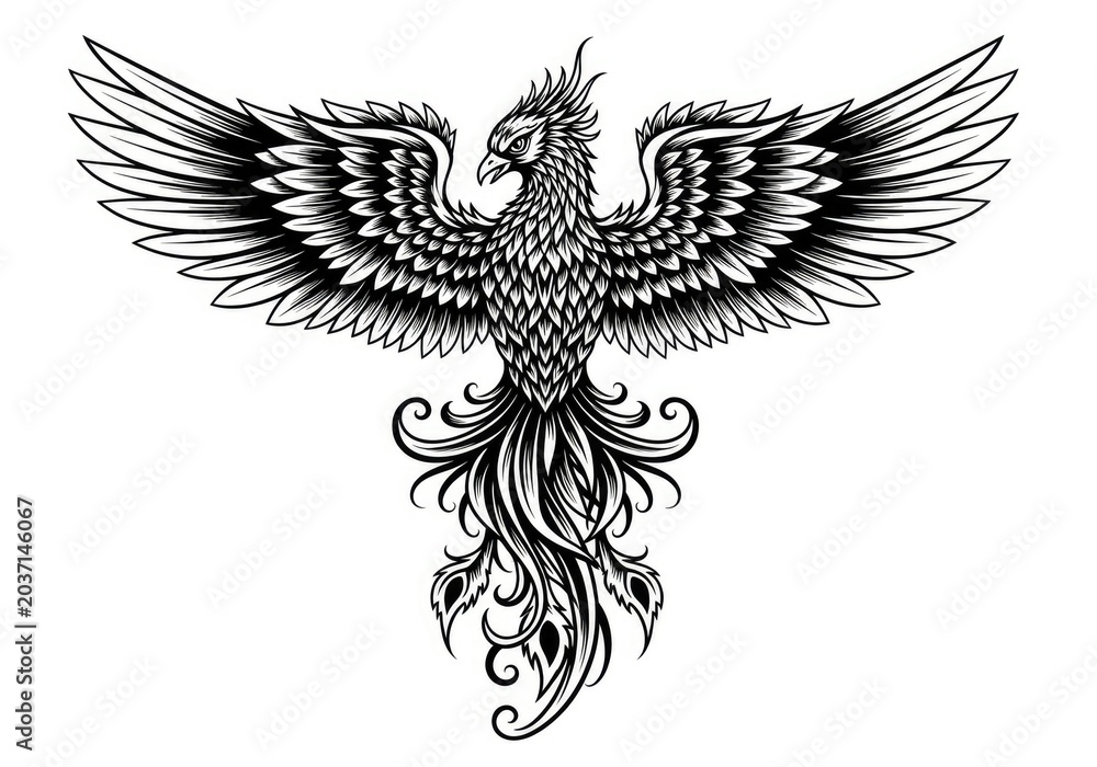 Fototapeta premium Intricate phoenix bird illustration with decorative feather details.