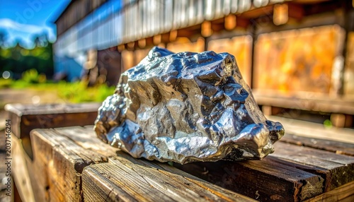 A large, unpolished chunk of raw zinc ore displaying its natural rough texture and metallic sheen resting on weathered wood