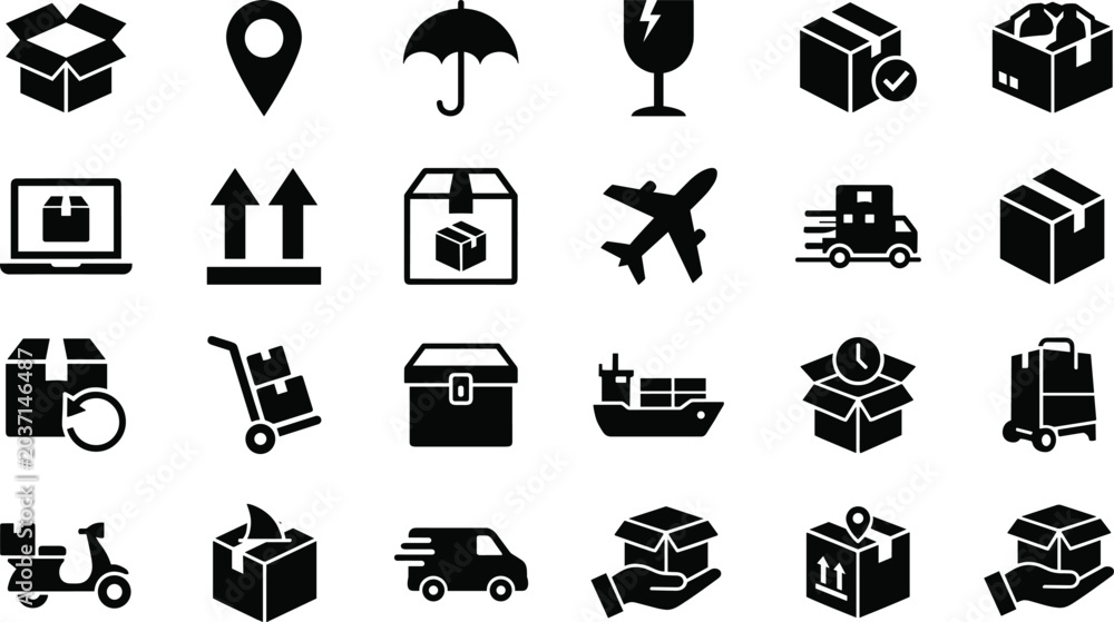 Fototapeta premium Logistics and shipping icon set featuring delivery trucks boxes cargo ships airplanes and packaging signs for e-commerce websites