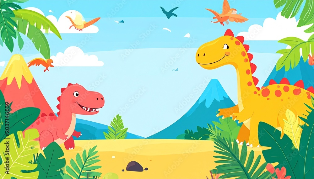 Fototapeta premium Colorful cartoon dinosaurs in prehistoric landscape.