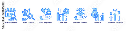 Schilderij op canvas Market Strategy web banner icon vector illustration with Market Research, Trend
