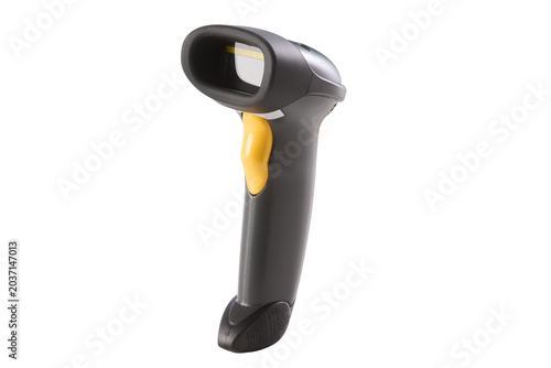Black scanner with yellow trigger stands upright