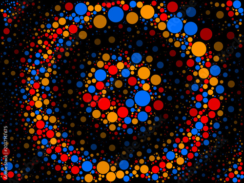 Retro dot art pattern – multi-size scattered circles in primary colors on black