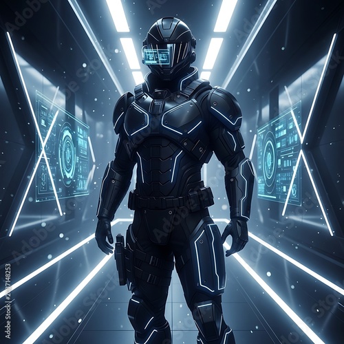 Futuristic Cyberpunk Soldier Standing in High-Tech Corridor with Glowing Lights.