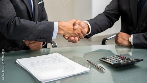 Merger negotiation scene with businessmen shaking hands after signing papers in a neutral office