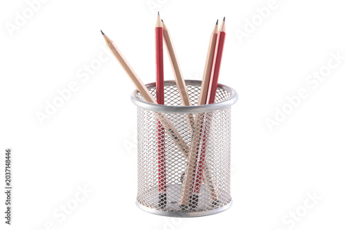 Metal mesh pencil holder holds colorful pencils