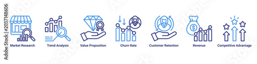 Bild auf Leinwand Market Strategy web banner icon vector illustration with Market Research, Trend