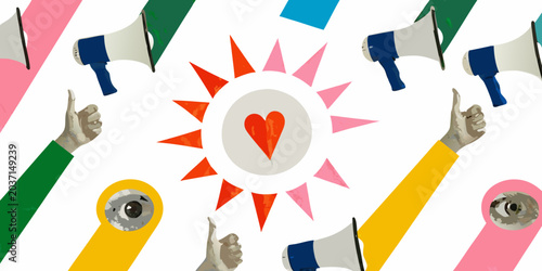 Photos Megaphones hands and heart shaped sunburst a colorful vector illustration