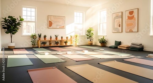 Peaceful yoga studio interior with mats and natural sunlight