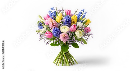 Vibrant bouquet with pink tulips, yellow daffodils, and blue/purple blooms